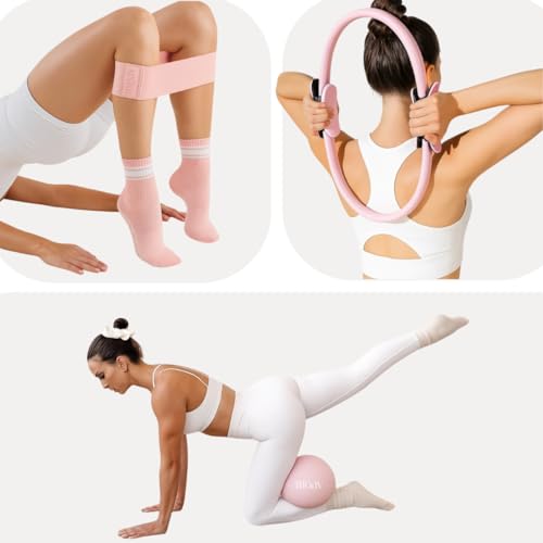 MOAV Rosè Pilates Essentials Kit with 14-Inch Ring, Mini Ball, Resistance Bands & Pump