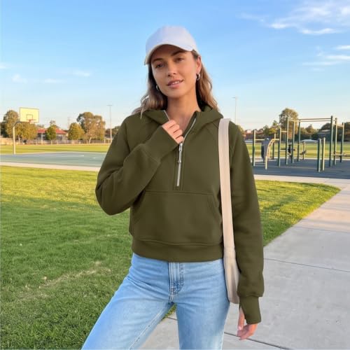 Cropped Half Zip Hoodie for Women - Long Sleeve Casual Sweatshirt with Pockets