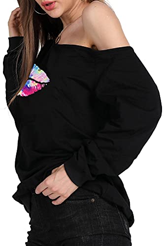 MAGICMK Women's Lips Print Off-Shoulder Sweater Shirt XXL Plus Size Casual Blouse