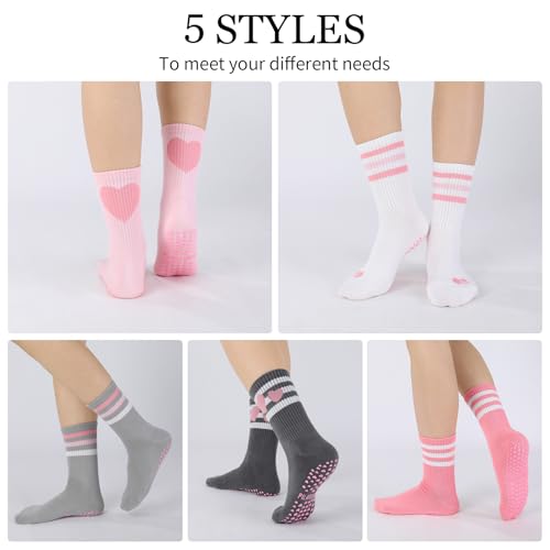 Pilates Socks with Grips for Women - Heart Striped, 5 Pack