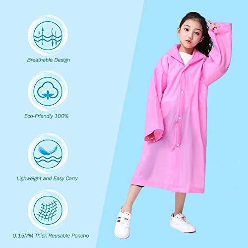 Kids Rain Poncho - Reusable EVA Raincoat with Hood, Pink+Purple