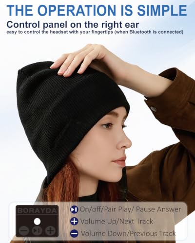 Borayda Bluetooth Beanie 18H HD Stereo, Built-in Mic, Black (Men/Women) Christmas Gift