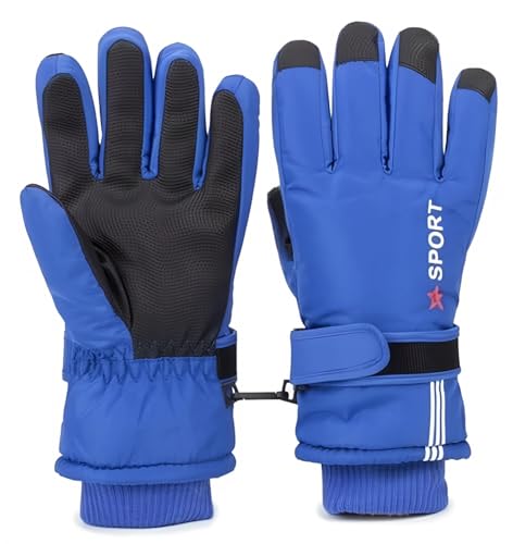 Kids Waterproof Ski Gloves - Warm Mittens for Ages 5-10 - Blue