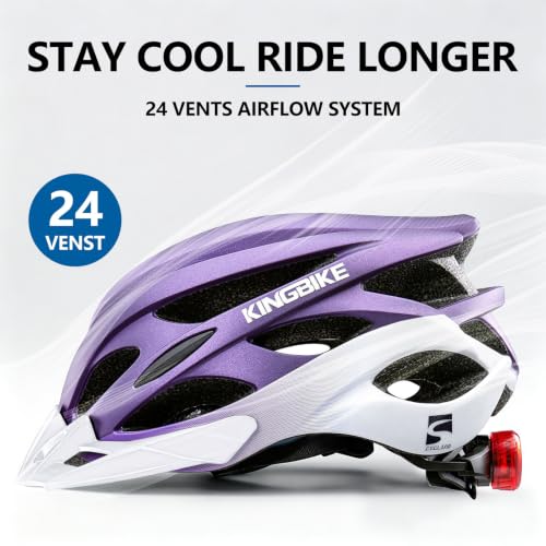 Bike Helmet with USB Rechargeable Light & Visor - Purple White M(52-56CM)