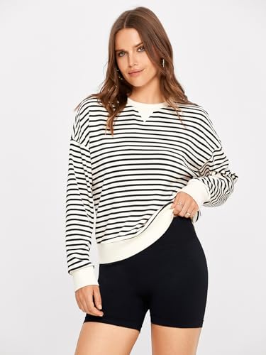 Glamaker Women's Black Stripe Cropped Crewneck Sweatshirt - Casual Long Sleeve Top