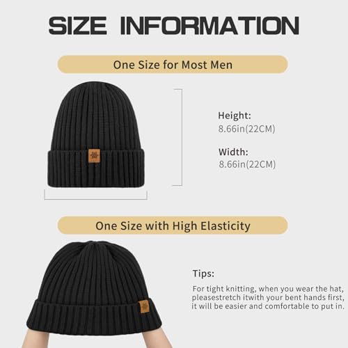 Winter Beanie Hat - Thermal Fleece Lined Knit Cap - Black