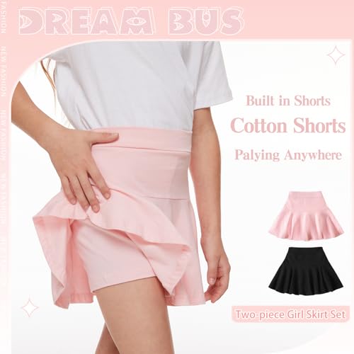 Girls Pleated Tennis Skirts with Built-in Shorts - Toddler & Little Kids Athletic Skorts, 7-8 Years, Black/Pink - DREAM BUS 2 Pack