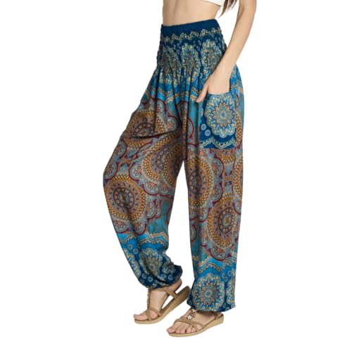 Tranquil Threads High-Waisted Boho Yoga Pants for Women - Bluish, Medium