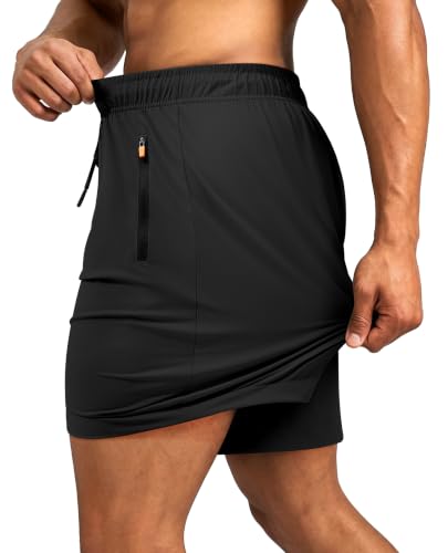 Men's Athletic Running Shorts - 7 Inch Quick Dry with Zipper Pockets - Large, Black