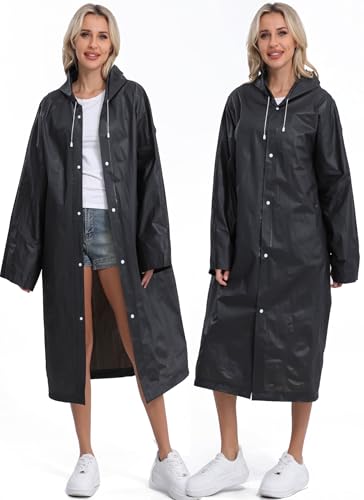 Reusable Rain Ponchos for Adults - 2-Pack Black Raincoats with Drawstring and Sleeves