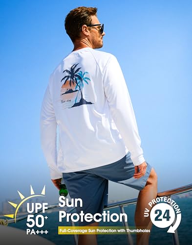 Pudolla Men's UPF Sun Protection Long Sleeve Rash Guard Shirt - White, Coconut Tree, Large