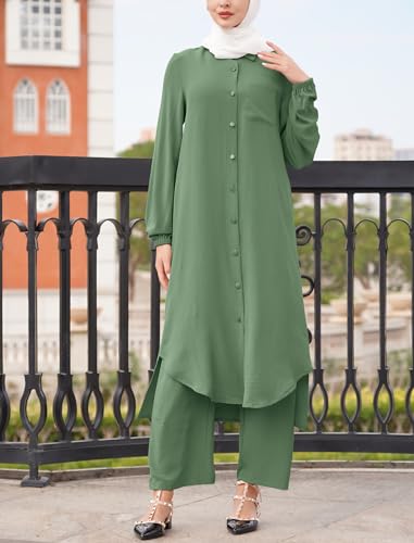 ODIZLI Women's Muslim 2-Piece Abaya Set Sage Green 3XL Long Sleeve Shirt & Pants