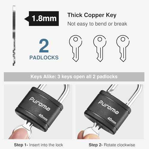 Puroma 2 Pack Keyed Padlock with 3 Keys Alike, 1.1 Inch Locker Lock 40mm Heavy-Duty Locks for Gate Fence Hasp Cabinet Toolbox School Gym Locker (Black)