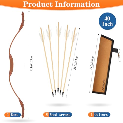 Basbon Brown Wooden Bow and Arrow Set for Kids - 40 Inch Handmade Archery Toy with 5 Feather Arrows, Cosplay & Gifts