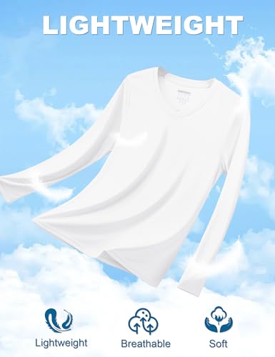 TACVASEN Women's White Long Sleeve V-Neck Tops Quick Dry UPF 50+ Sun Protection Medium