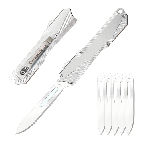 Caressolove EDC Small Retractable Scalpel Knife – Silver, 3.85in, 5x #60 Blades