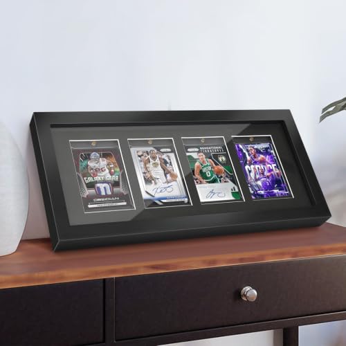 Solid Fir Wood 4-Grid Trading Card Display Frame with 4 x 35pt Holders, Black - Wall Mount