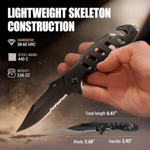 Compact Tactical Knife - 2.68" Serrated Blade - Black Folding Tool with Glass Breaker & Seatbelt Cutter