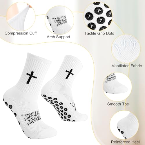 White 3:5 / 4 Christian Bible Verse Cross Print Socks - 4 Pairs, Anti-Slip Grip