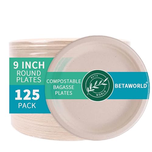 BETAWORLD 9-Inch Compostable Sugarcane Bagasse Plates 125 Pack - Heavy Duty, Leakproof, Microwave Safe, Eco-Friendly Disposable Dinnerware for Parties & Events