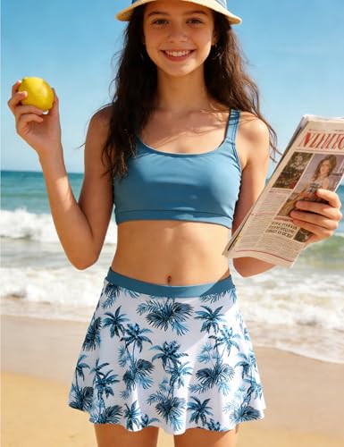Girls 2-Piece Swimsuit Set - Adjustable Strap & High-Waisted Swim Skirt - Light Blue Palm Leaf Print, 7-8 Years