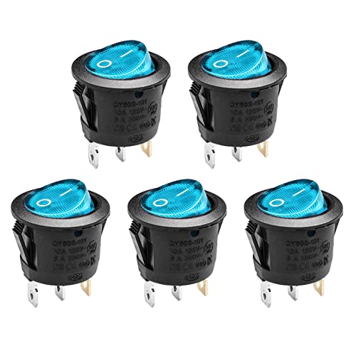 3-Pin On/Off Rocker Toggle Switch with Blue LED - 5 Pack