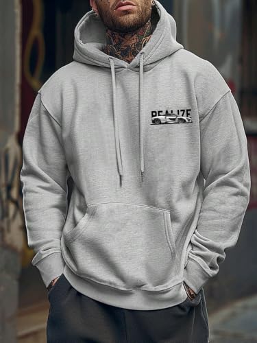 RoseSeek Men's Vintage Graphic Car Hoodies Medium Grey Long Sleeve Thermal Sweatshirt