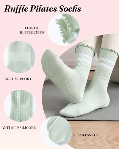 Non-Slip Pilates Socks for Women - 4 Pack in Black, Gray, White, Green