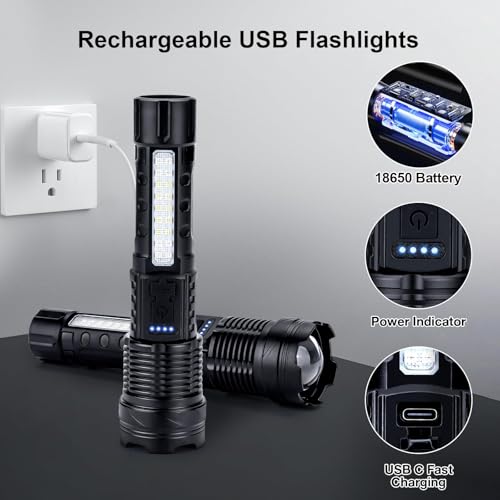 Rechargeable Flashlights High Lumens 980,000L (2 Packs), Super Bright LED Handheld Flash Light with USB C, COB Side Light, 7 Modes, Waterproof, Battery Powered Flashlight for Emergency, Home