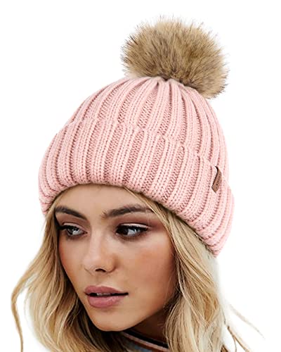 FURTALK Women's Pink Winter Knitted Beanie Hat with Faux Fur Pom - Warm Skull Cap
