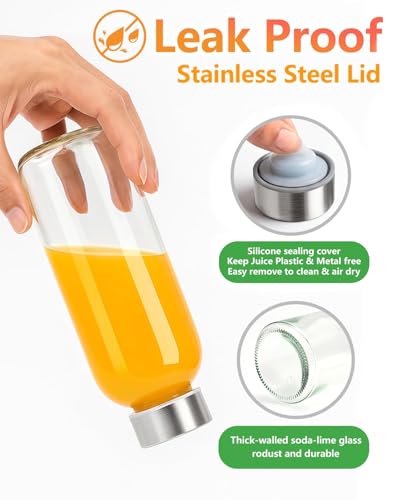 Zukro 16 oz Glass Juice Bottles Pack of 4 with Leak-Proof Stainless Steel Lids