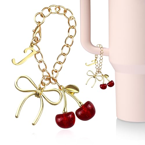 Initial Letter Charm for Tumbler Handle with Gold Bow and Red Cherries - J