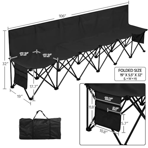 Portable Folding Sideline Bench with Back Rest - Black, 6 Seats