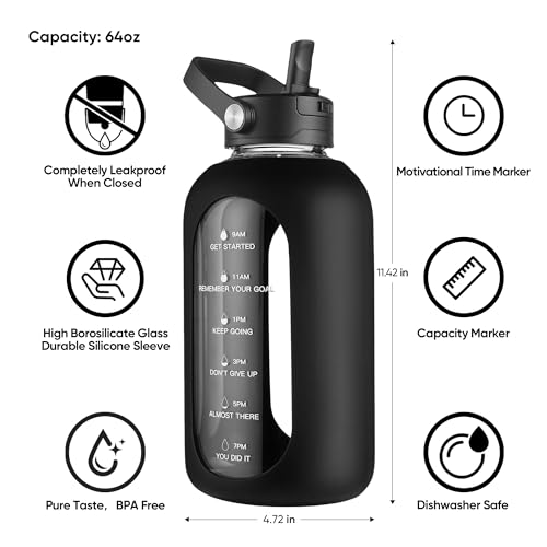 Army Green 64 oz Glass Water Bottle with Detachable Straw & Time Marker