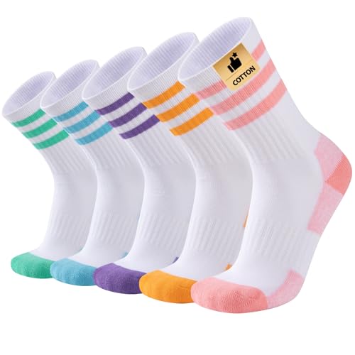COOPLUS Women's Athletic Crew Socks 5 Pairs Cushioned Cotton Wicking, One Size - White