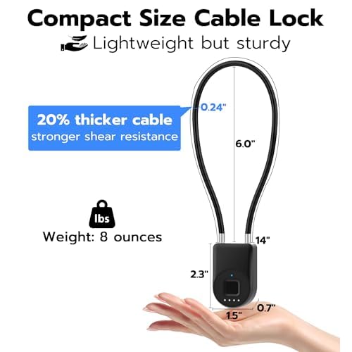 Anweller Fingerprint Cable Lock, 14" Long Shackle Small Padlock, Keyless Entry Biometric Bluetooth Smart Waterproof Combination Pad Lock for Gate Outdoor Fence Fridge Cabinet Locker Pool Bike - Black
