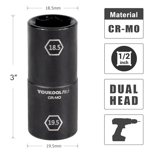1/2-Inch Drive Double Ended Impact Socket, 18.5mm x 19.5mm, 6-Point,Half Size Lug Nut Thin Wall Wheel Protector Nut Socket, Made from Robust and Anti-Corrosive Steel