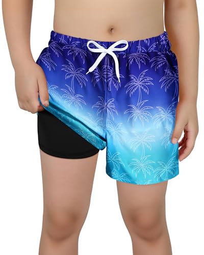 Latnnut Boys Swim Trunks with Compression Liner, Quick-Dry Bathing Suit with Pockets – Blue Coconut Tree, 9-10 Years