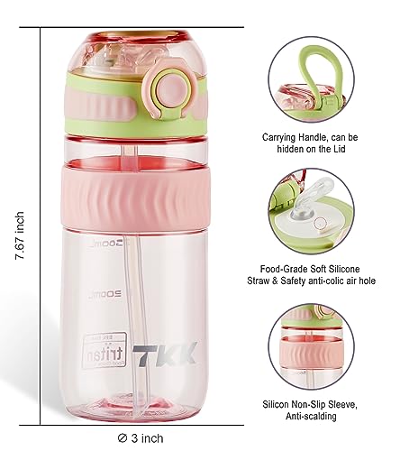 TKK Kids 18 oz Pink Water Bottle with Silicone Straw & Leak-Proof Lid