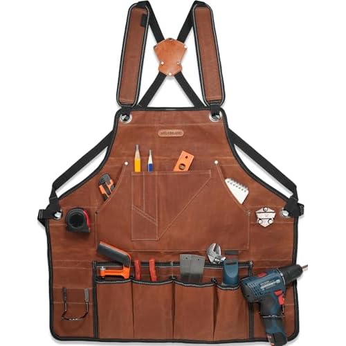WELKINLAND 11-Pockets Waxed-Canvas Tool Apron, Heavy-Duty Carpenter Apron, Comfy Woodworking Apron, Convenient Workshop Apron, Fully-Adjustable Shop Aprons For Men, Well-Padded Work Aprons For Men