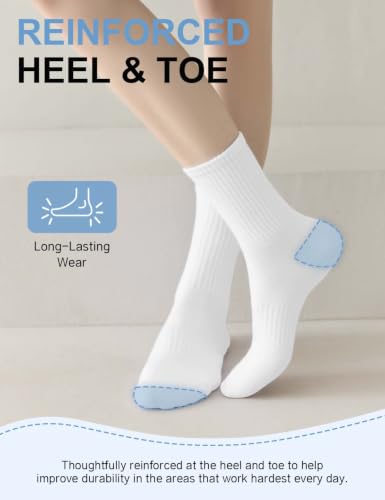 Womens Cotton Crew Socks - Thin Long Casual Workout - 5 Pairs White