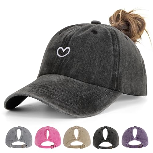HeyCaps Women's Distressed Ponytail Baseball Cap - Black Heart Variation