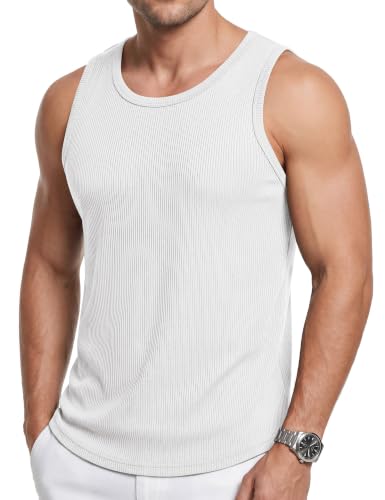 Cotrasen Men's White Ribbed Tank Top Large Fitness Sleeveless Gym T-Shirt