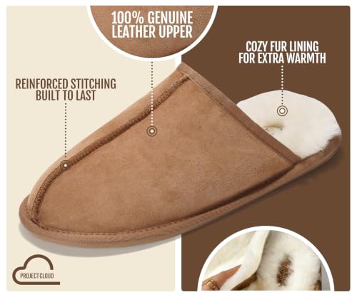 Project Cloud 100% Genuine Leather Shearling Mens Slippers – Chestnut Scuff (Size 8)