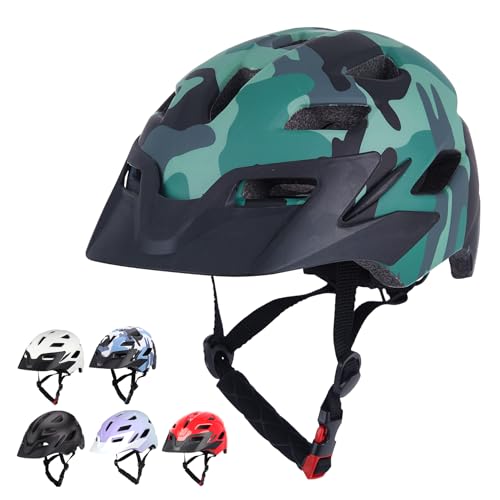 Kids Bike Helmet with LED Light, Camouflage Green, 50-57cm, Toddler & Youth
