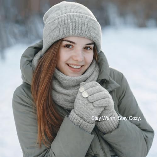 Winter Beanie Hat Neck Warmer Touchscreen Glove Set - Grey