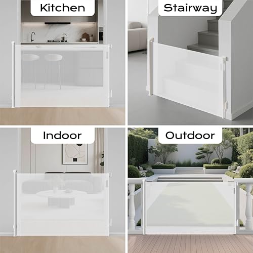 Retractable Baby Gate for Stairs, 55" Wide 38" High Pet Gate with Auto-Retract System, One-Hand Operation, Mesh Baby Gate for Doorways, Hallways, Decks, Indoor & Outdoor, White