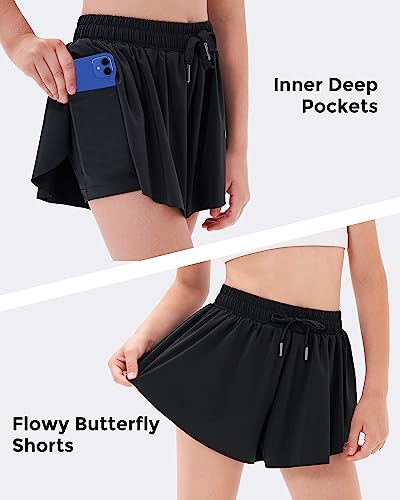 Girls Butterfly Athletic Running Shorts with Pockets - 8-9 Years, Black