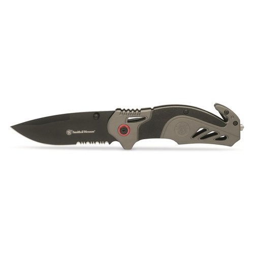 Smith & Wesson 8in High Carbon S.S. Spring Assisted Folding Knife with 3.25in Serrated Drop Point Blade and Rubberized Aluminum Handle for Outdoor Survival and EDC