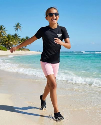 Girls Short Sleeve Rashguard Swim Shirt - UPF Sun Protection - Large Solid Black, Fuchsia Fedora, Fragrant Lilac